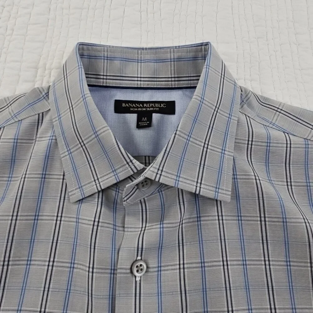 Banana Republic Non-Iron Shirt‎ Men's M Gray Blue Check Slim Fit EUC Long Sleeve